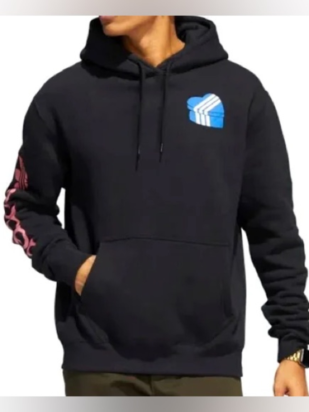 adidas Black Hoodie with Blue Heart Logo and Pink Sleeve Script XS unisex style